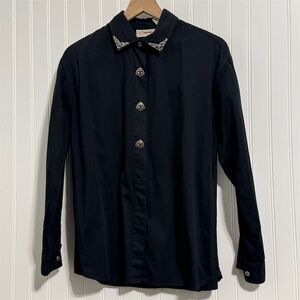 Rhythm Blue Black Western Gothic Shirt L Ornate Metal Collar Tips Buttons Cotton